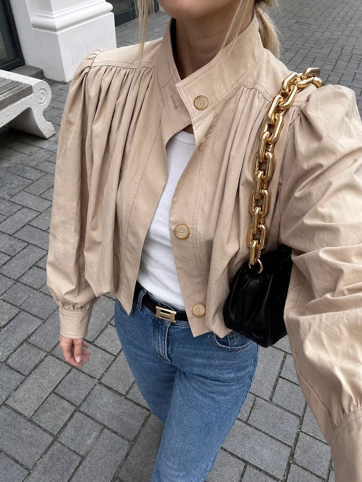 Button-Down Puff-Sleeve Jacket - Lilixa.store