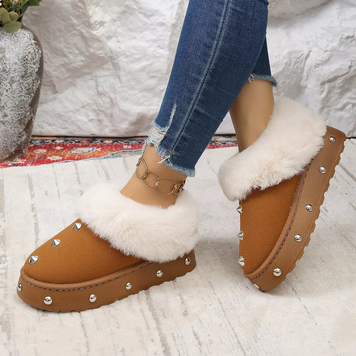 Studded Platform Faux Fur Lined Winter Boots - Lilixa.store