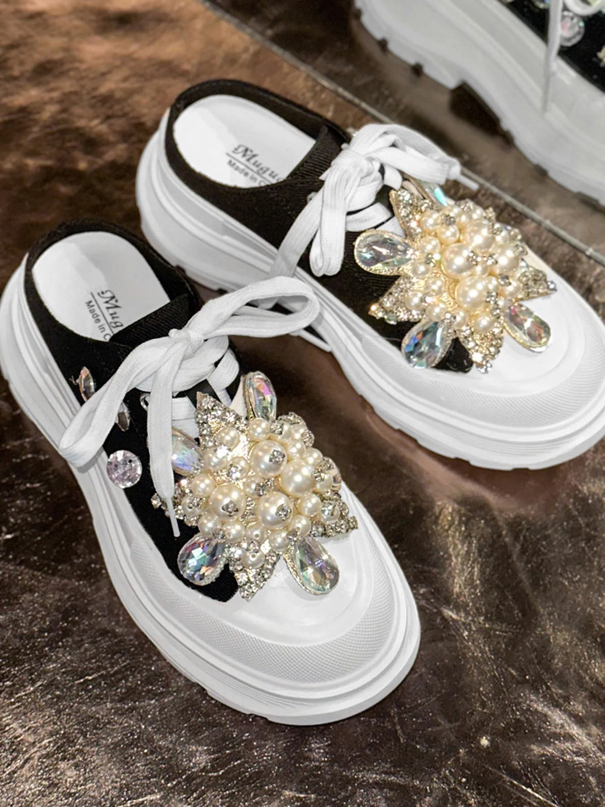 Pearl Embellished Platform Slip-Ons, view 3