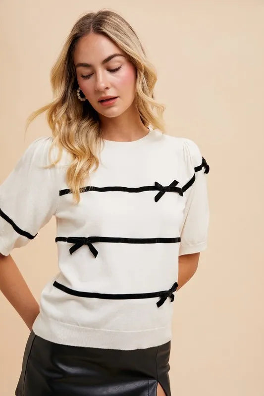 Annie Wear Striped Bow Round Neck Knit Top in White