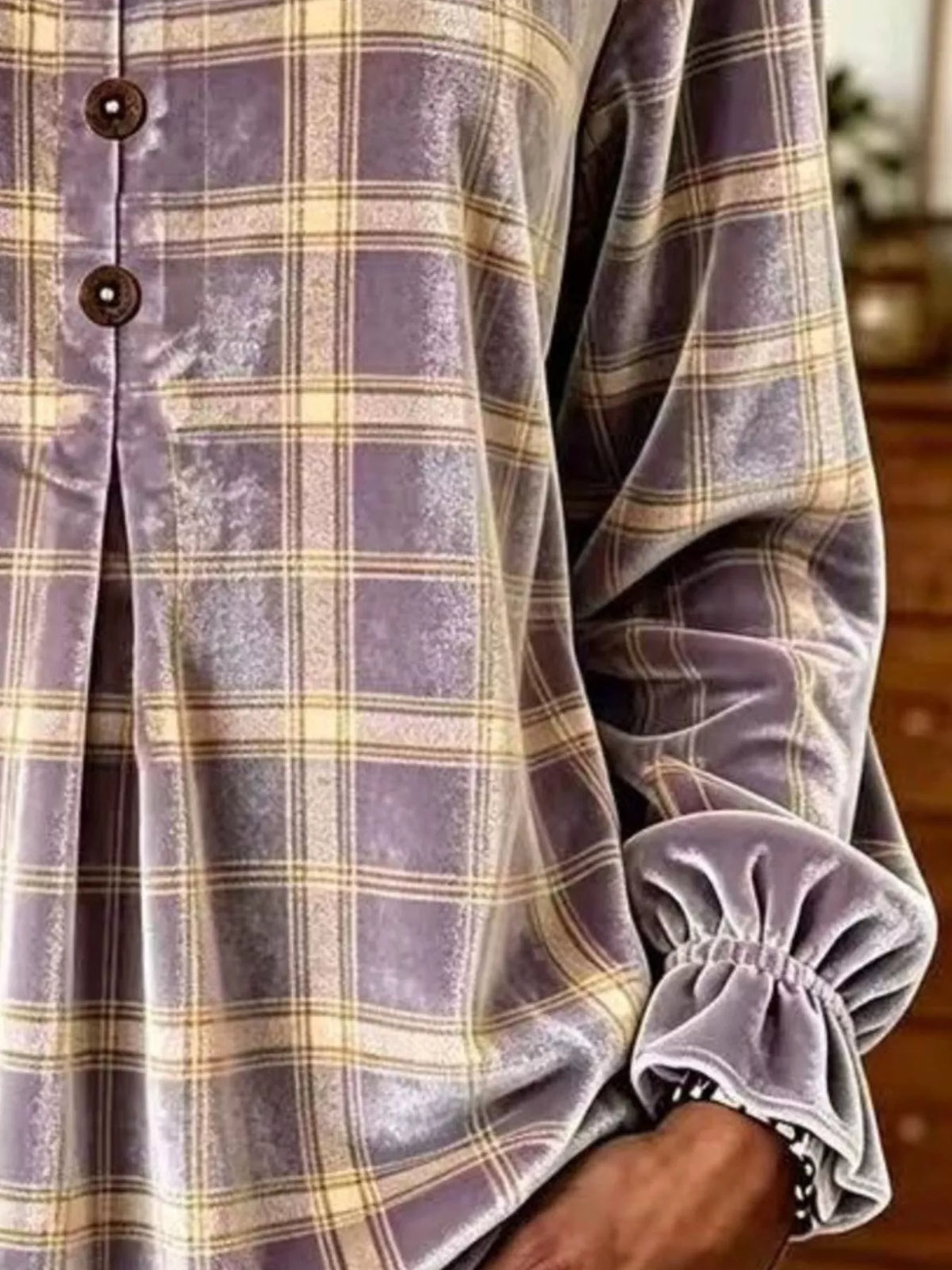 Full Size Plaid Velvet Flounce Sleeve Blouse Plus Size, view 3