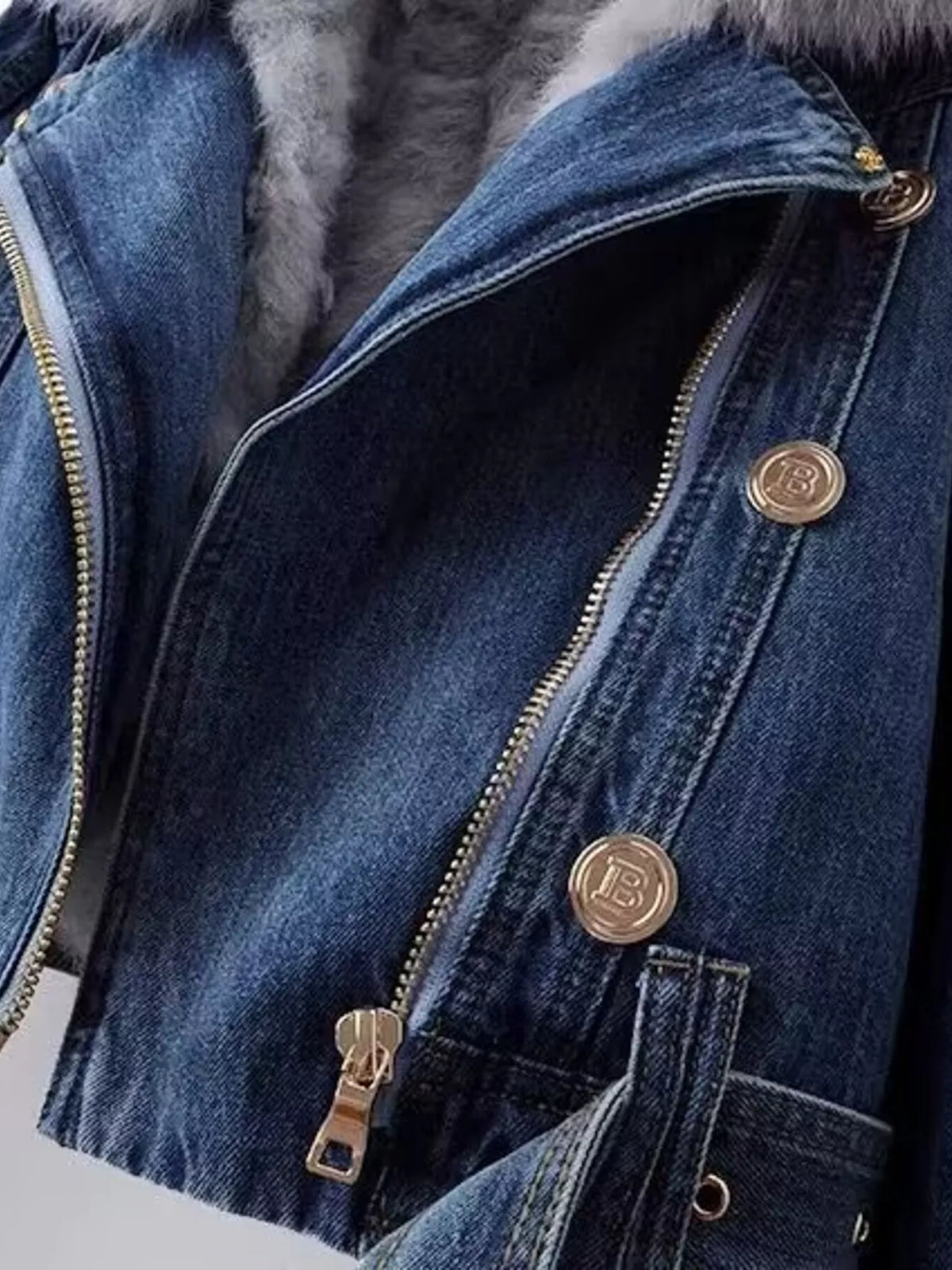 Full Size Faux Fur Collar Denim Jacket Plus Size, view 9