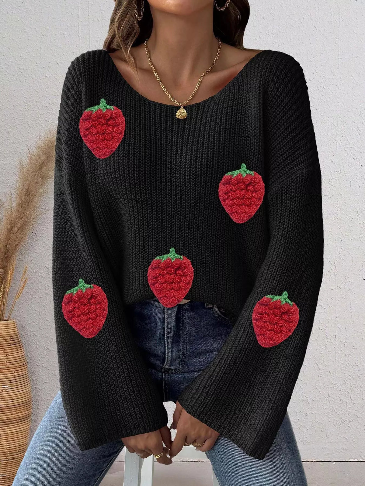 Strawberry Applique Oversized Sweater