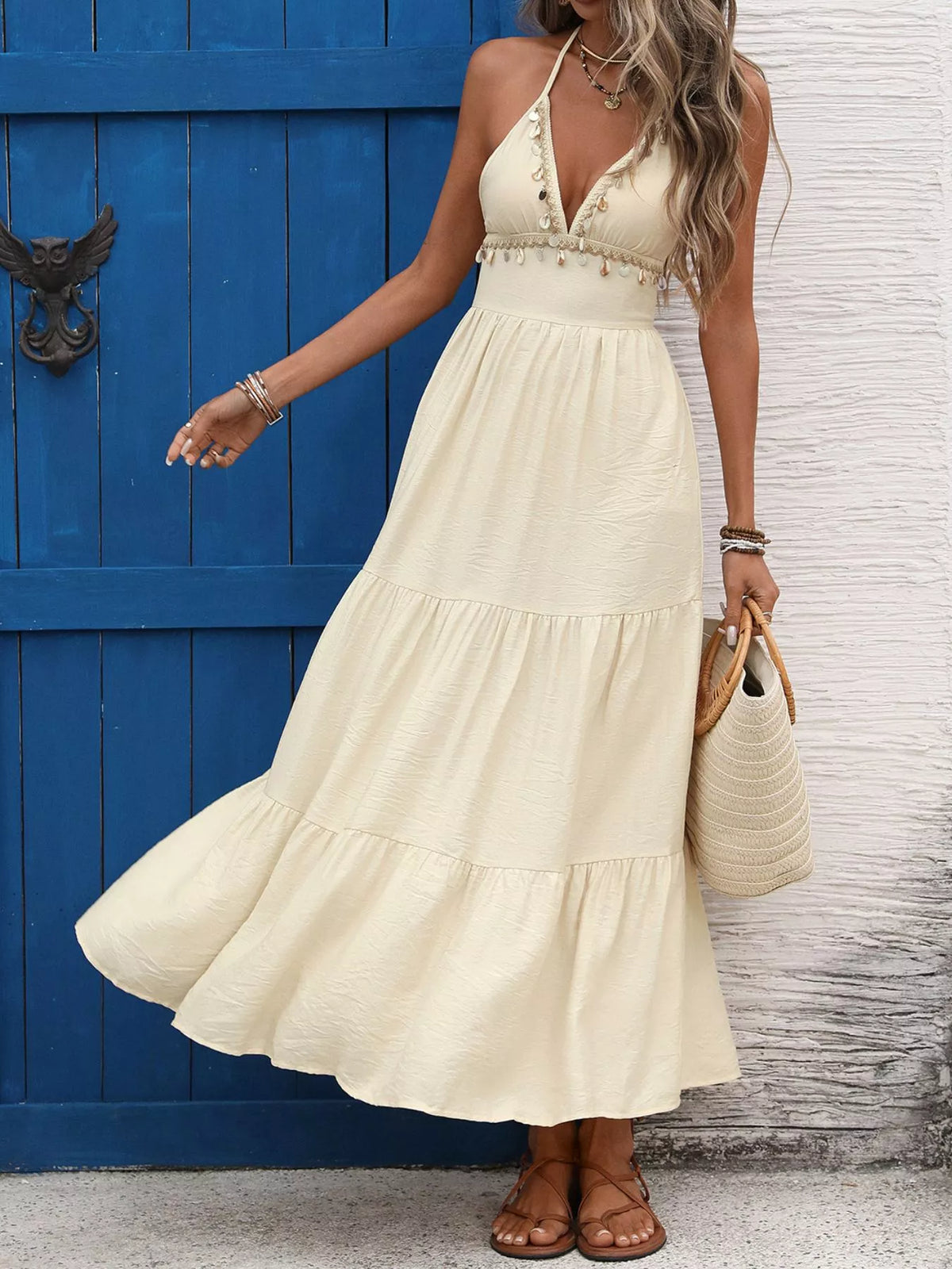 Halter Neck Tiered Maxi Dress in Pastel Yellow, view 6