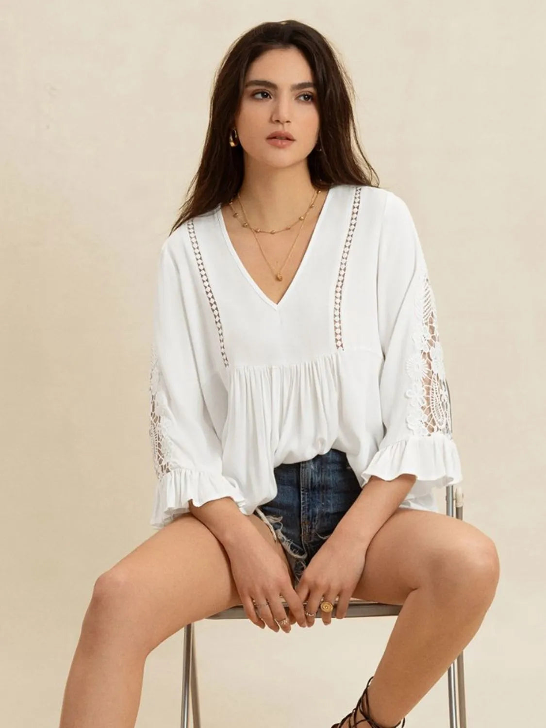 V-Neck Lace Flounce Sleeve Top - Lilixa.store