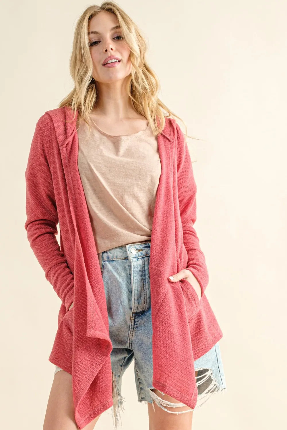 And The Why Full Size Thermal Hooded Open Front Cardigan with Pockets in Rose Pink