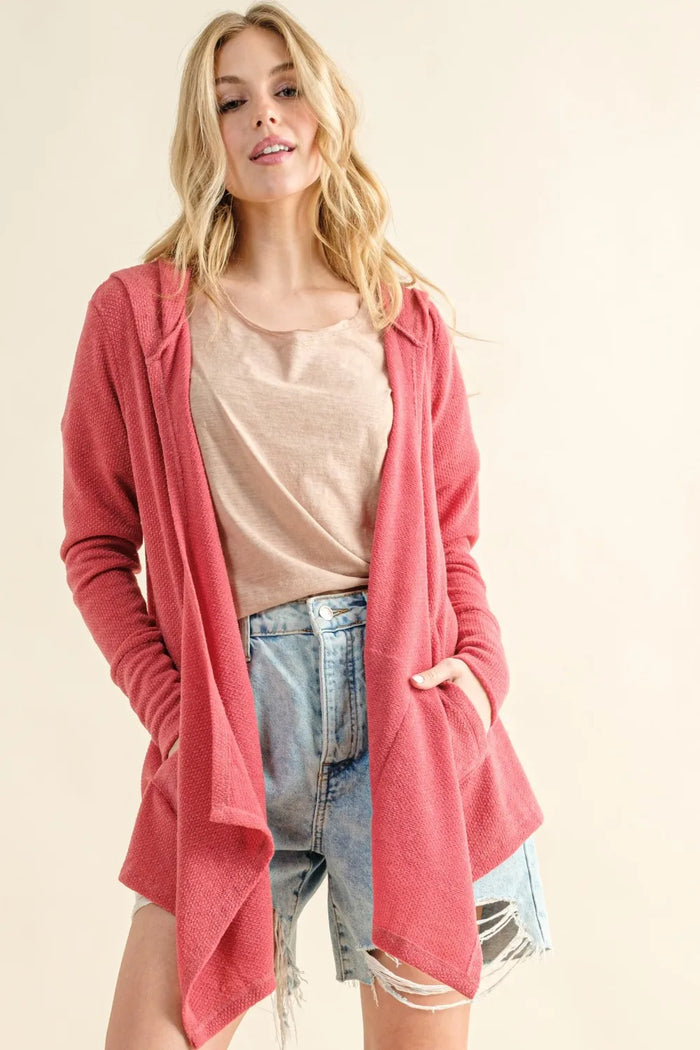 And The Why Full Size Thermal Hooded Open Front Cardigan with Pockets in Rose Pink