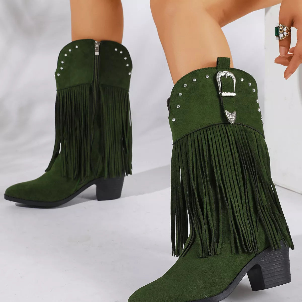 Fringe Round Toe Block Heels Boots - Lilixa.store