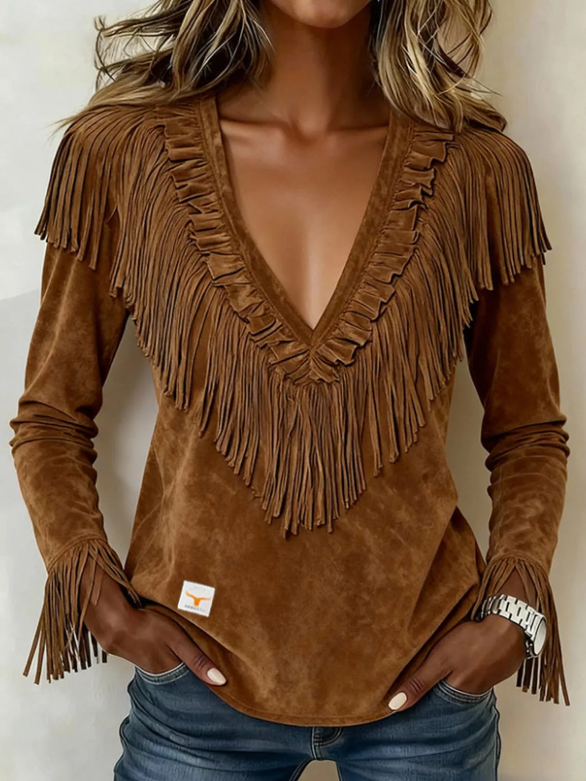 Fringed V-Neck Blouse