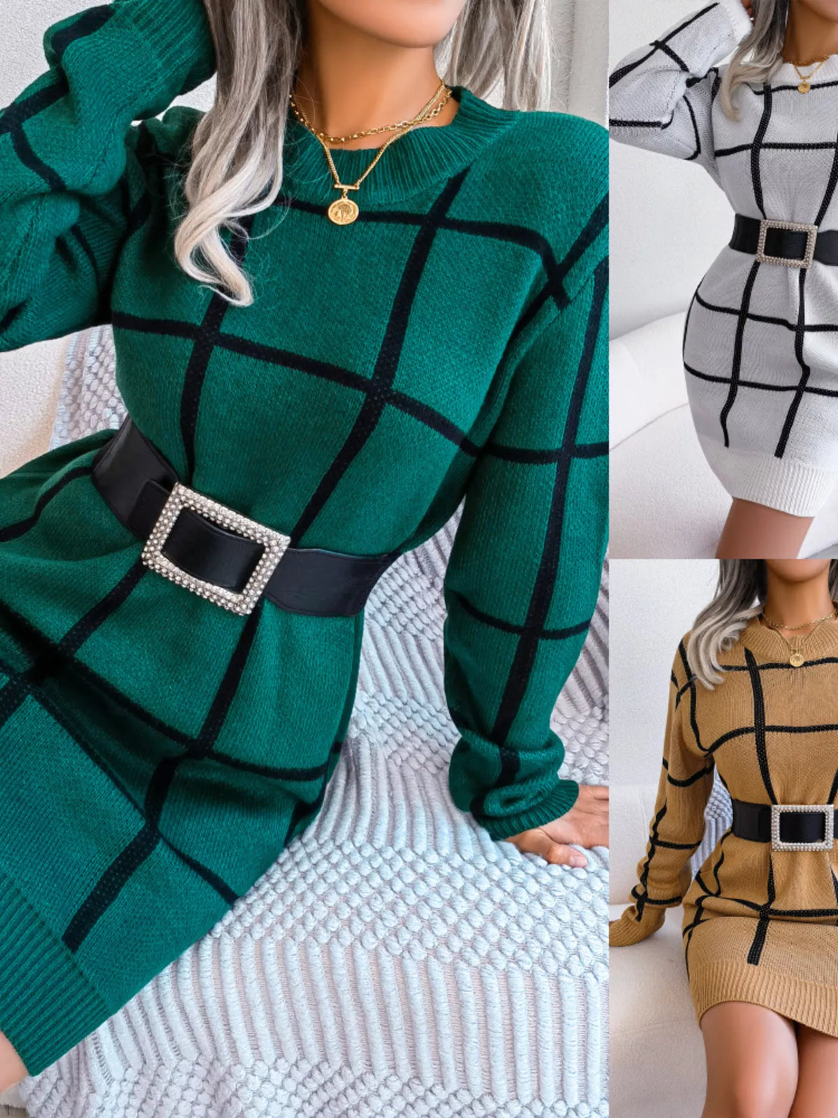 Plaid Pattern Long Sleeve Sweater Dress, view 5