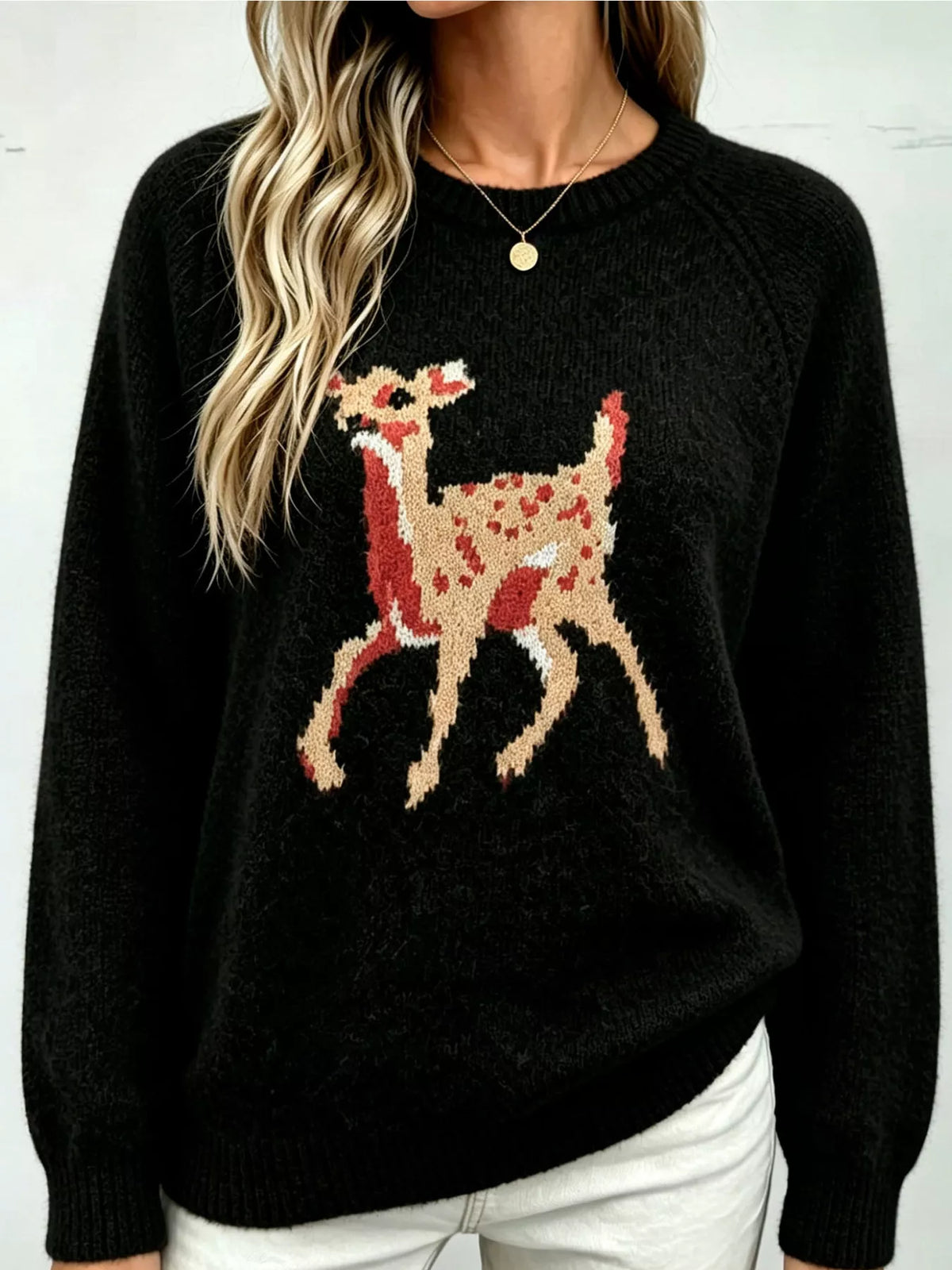 Deer Pattern Raglan Sleeve Sweater - Lilixa.store