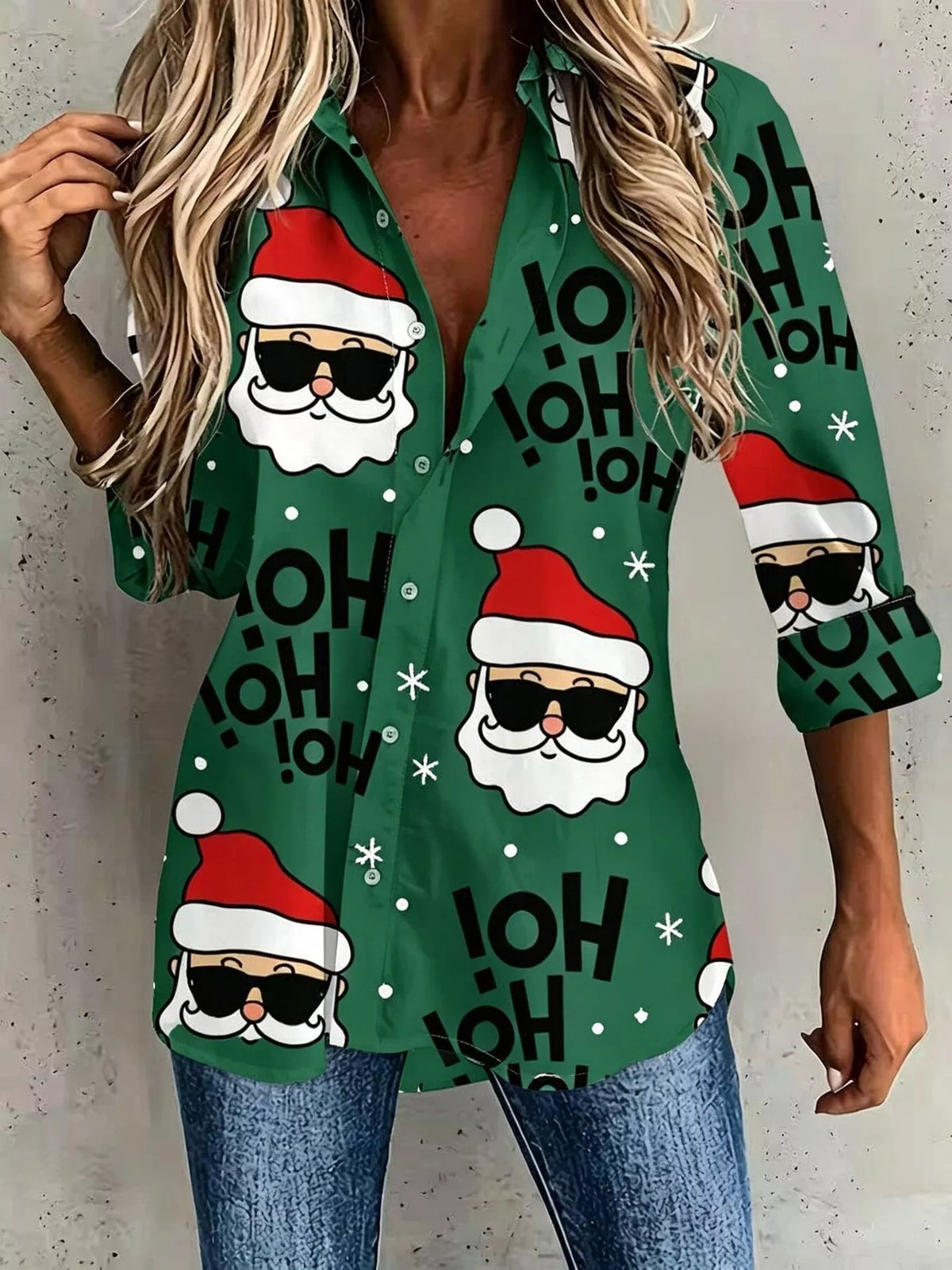 Full Size Christmas Santa Claus Print Button-Down Shirt Plus Size in Dark Green