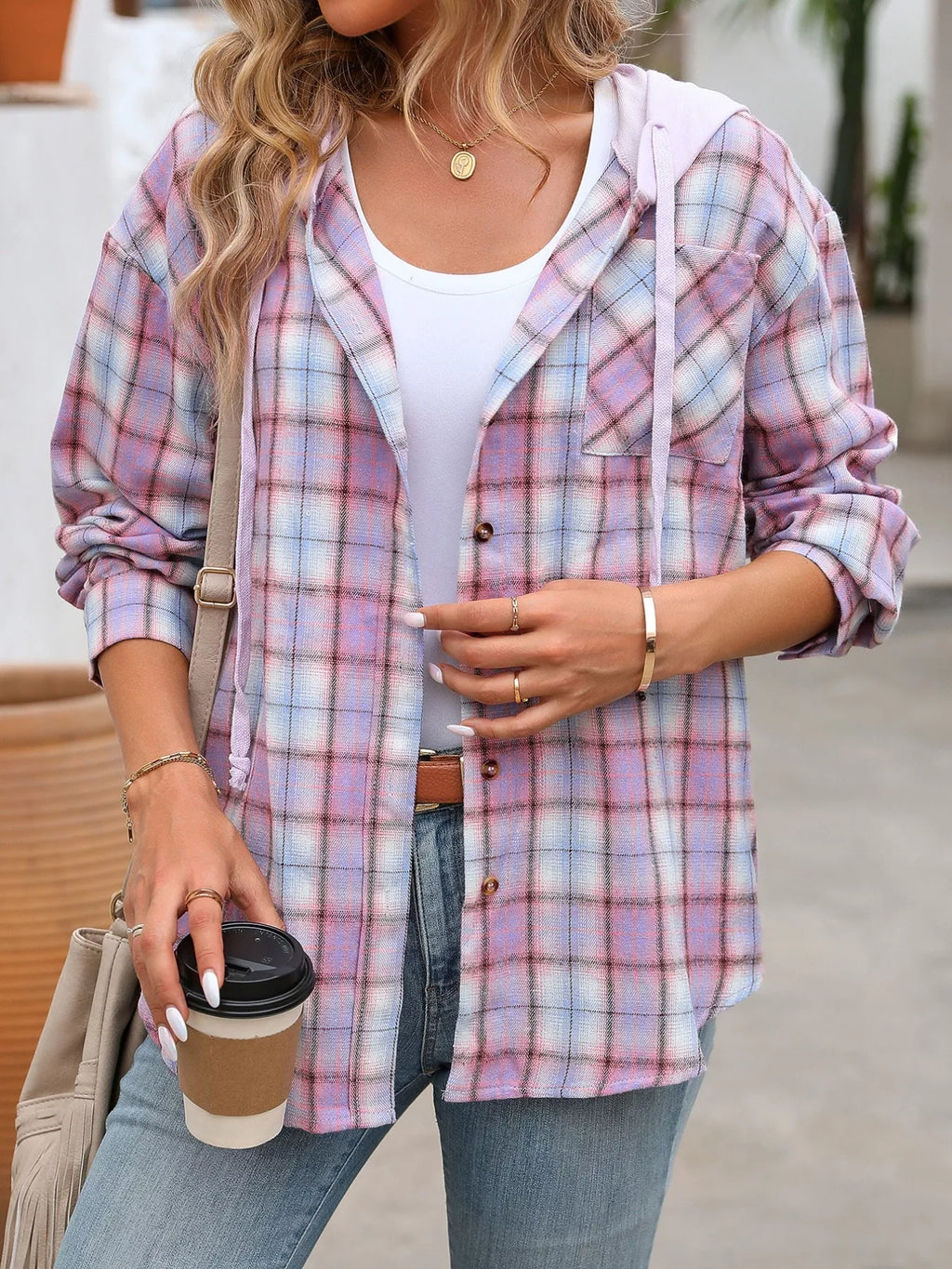 Plaid Button-Up Hooded Shirt with Chest Pocket - Lilixa.store