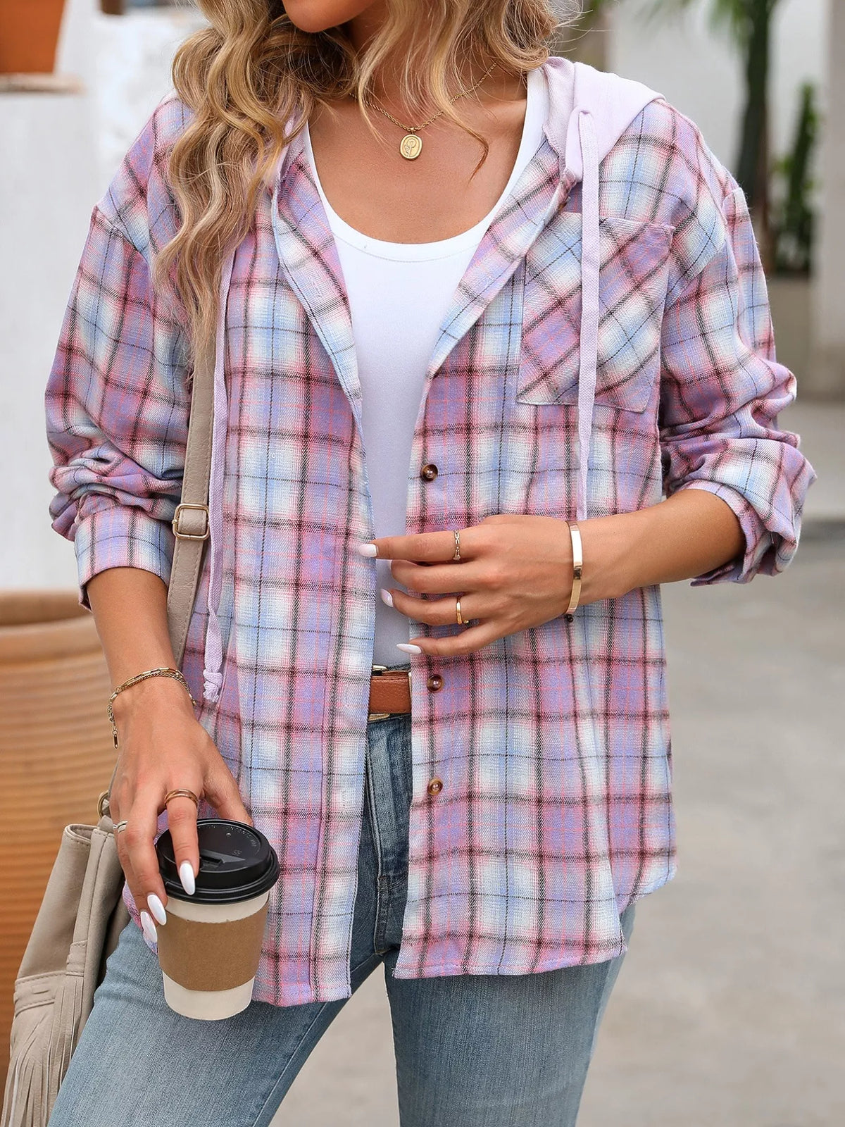 Plaid Button-Up Hooded Shirt with Chest Pocket - Lilixa.store