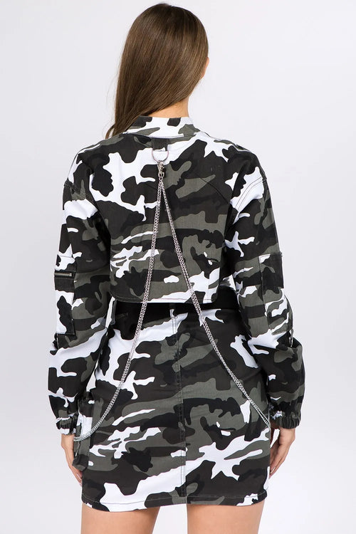 American Bazi Camouflage Cropped Jacket with Chains - Lilixa.store