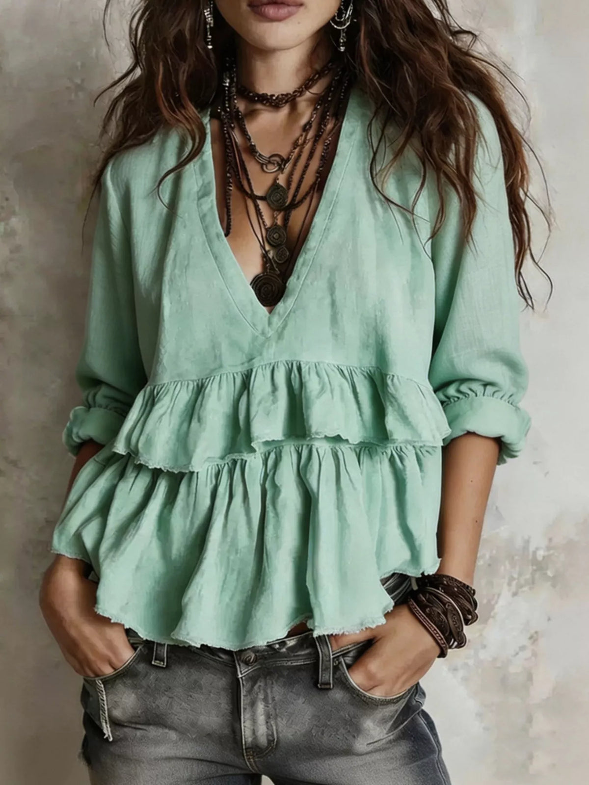 Full Size Ruffled Hem V-Neck Blouse Plus Size - Lilixa.store