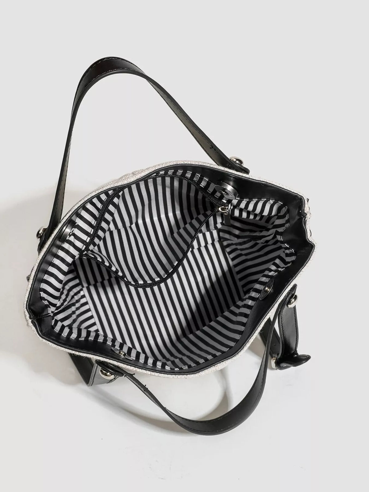 Canvas Bucket Handbag with Contrast Leather Straps in Light Gray, view 9