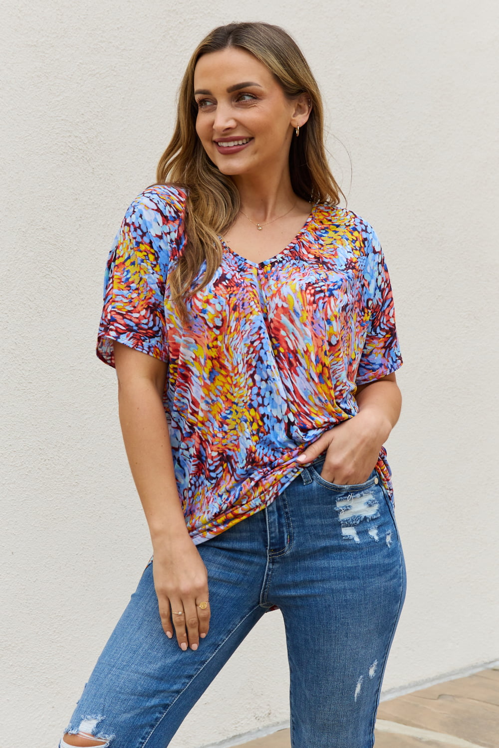 Be Stage Full Size Printed Dolman Flowy Top - Lilixa.store