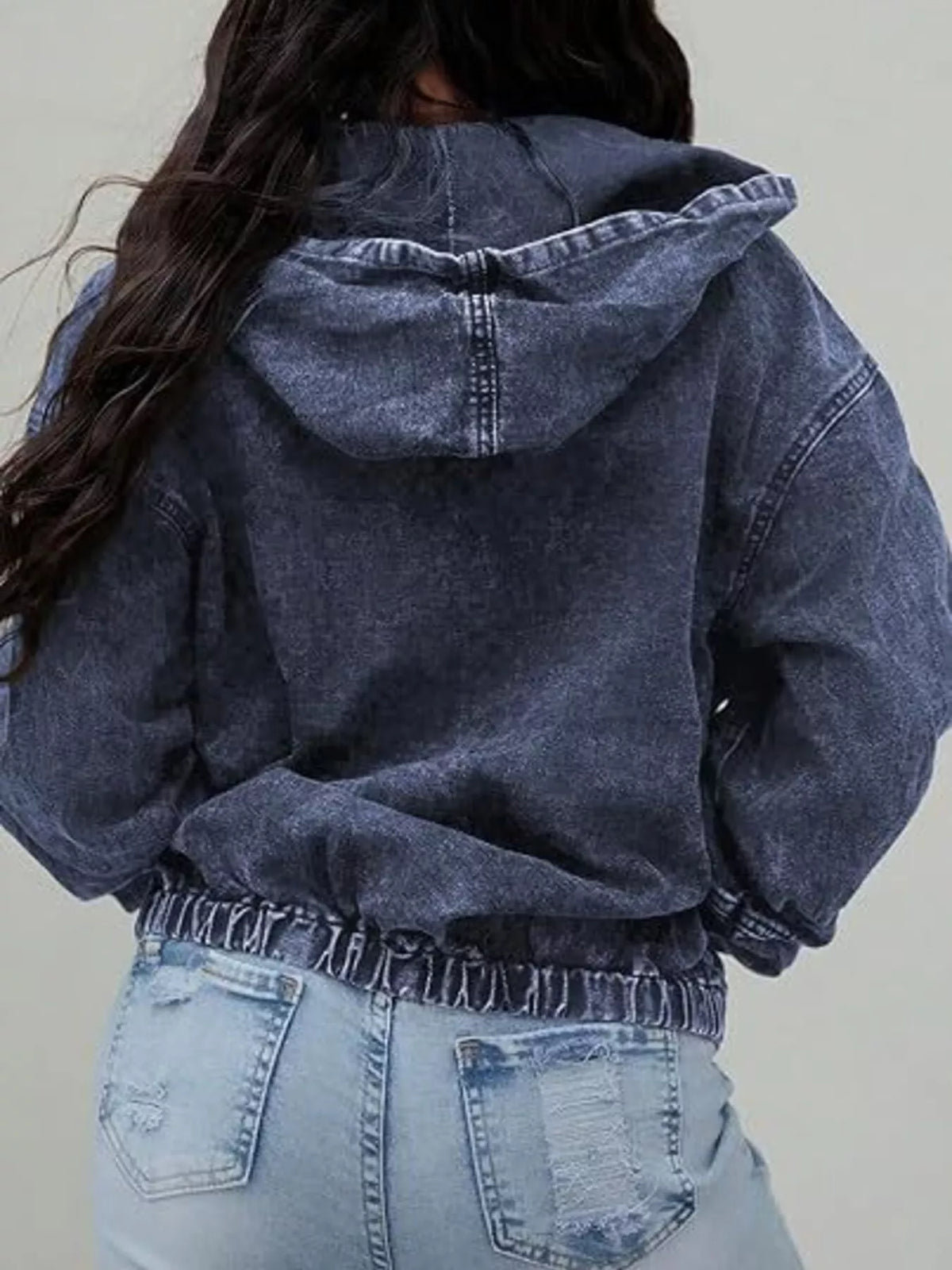 Vintage Washed Zip Up Hooded Denim Jacket, view 7