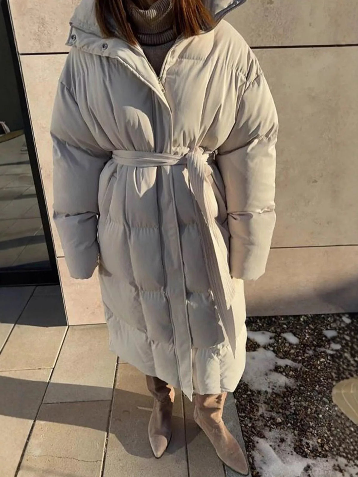 Longline Padded Winter Coat with Belted, view 4