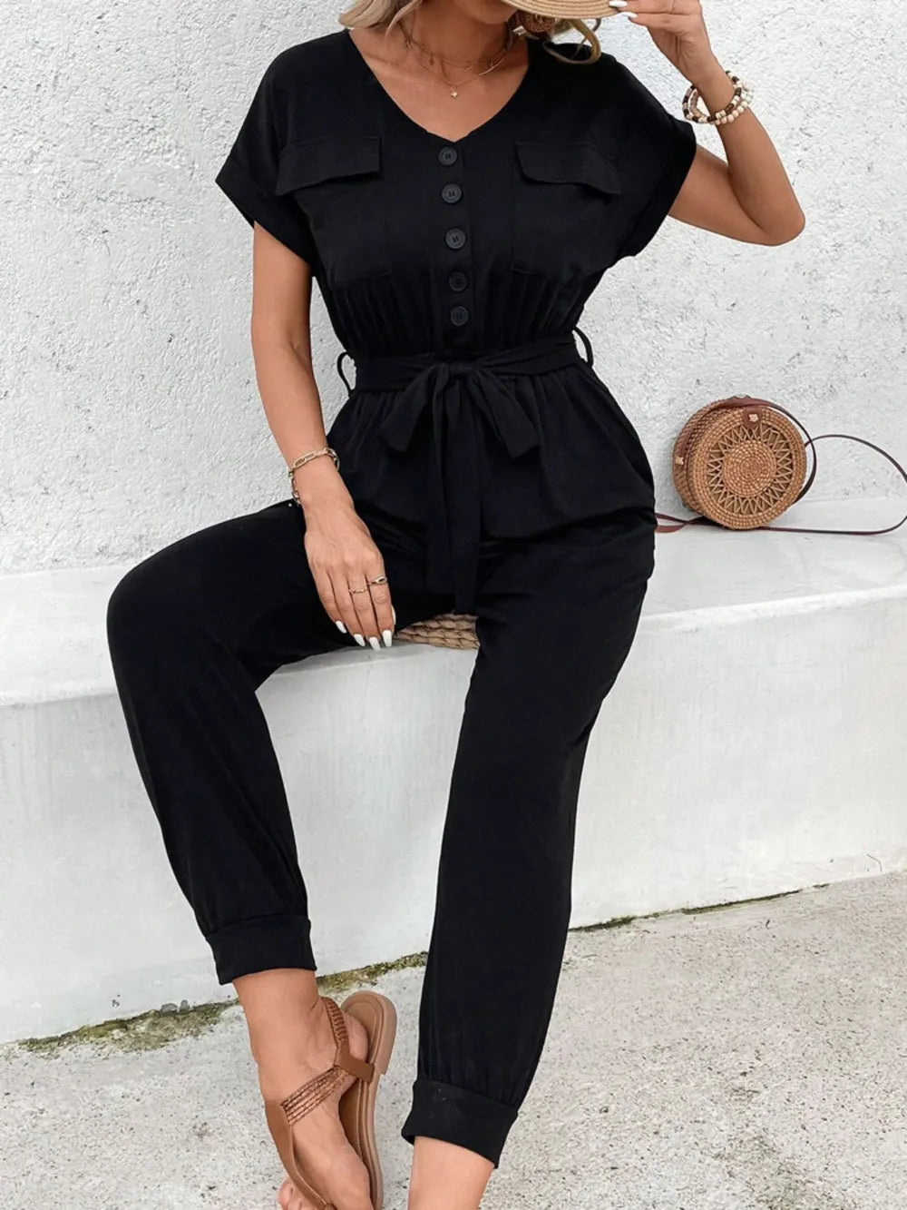 Perfee V-Neck Short Sleeve Jumpsuit - Lilixa.store