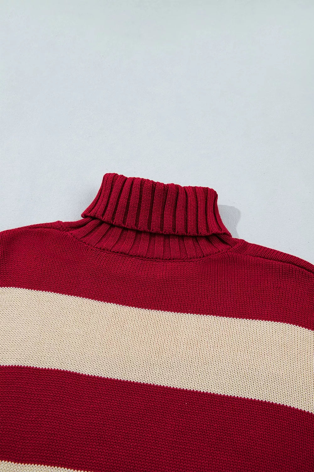Stripe Ribbed Trim High Neck Relaxed Pullover Sweater