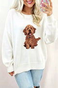 Puppy Graphic Round Neck Sweater in White
