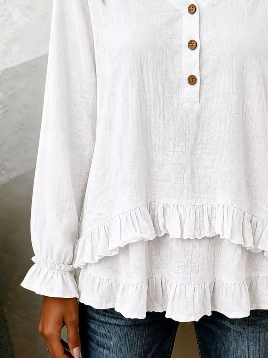 Ruffled Hem Long Sleeve Blouse - Lilixa.store