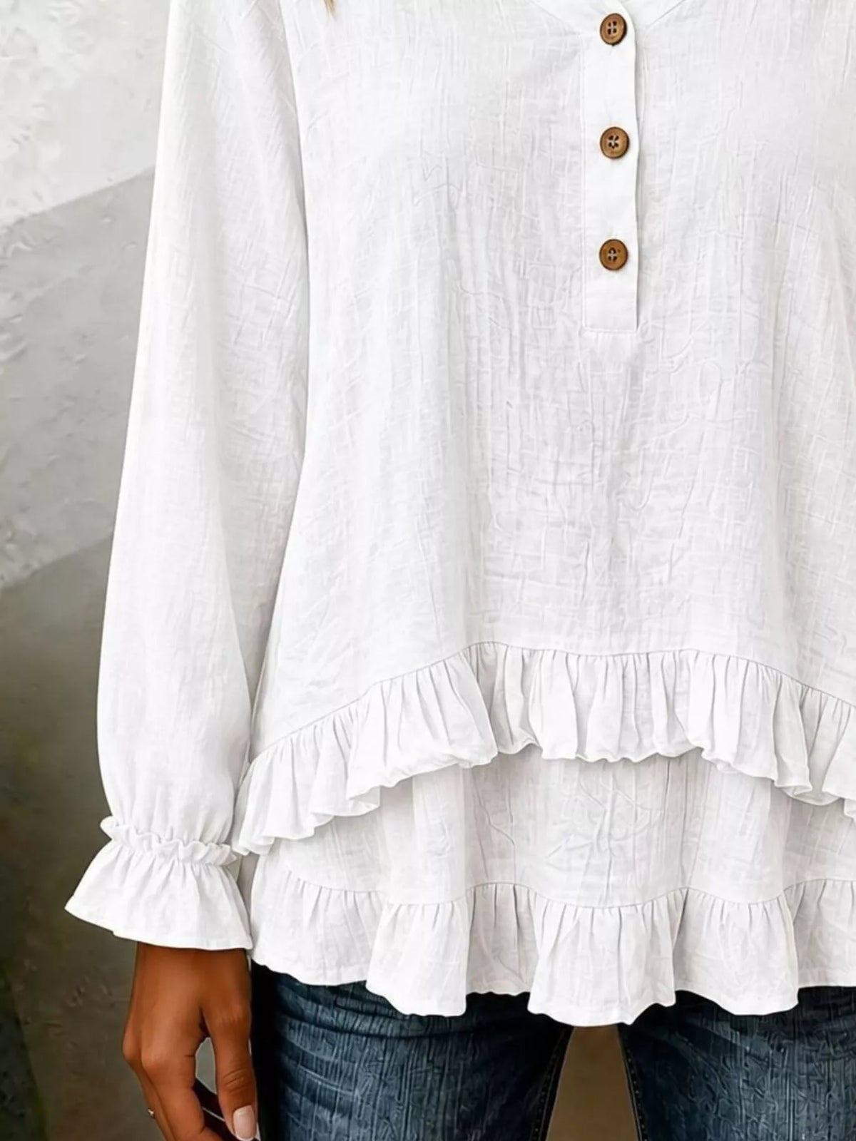 Ruffled Hem Long Sleeve Blouse - Lilixa.store