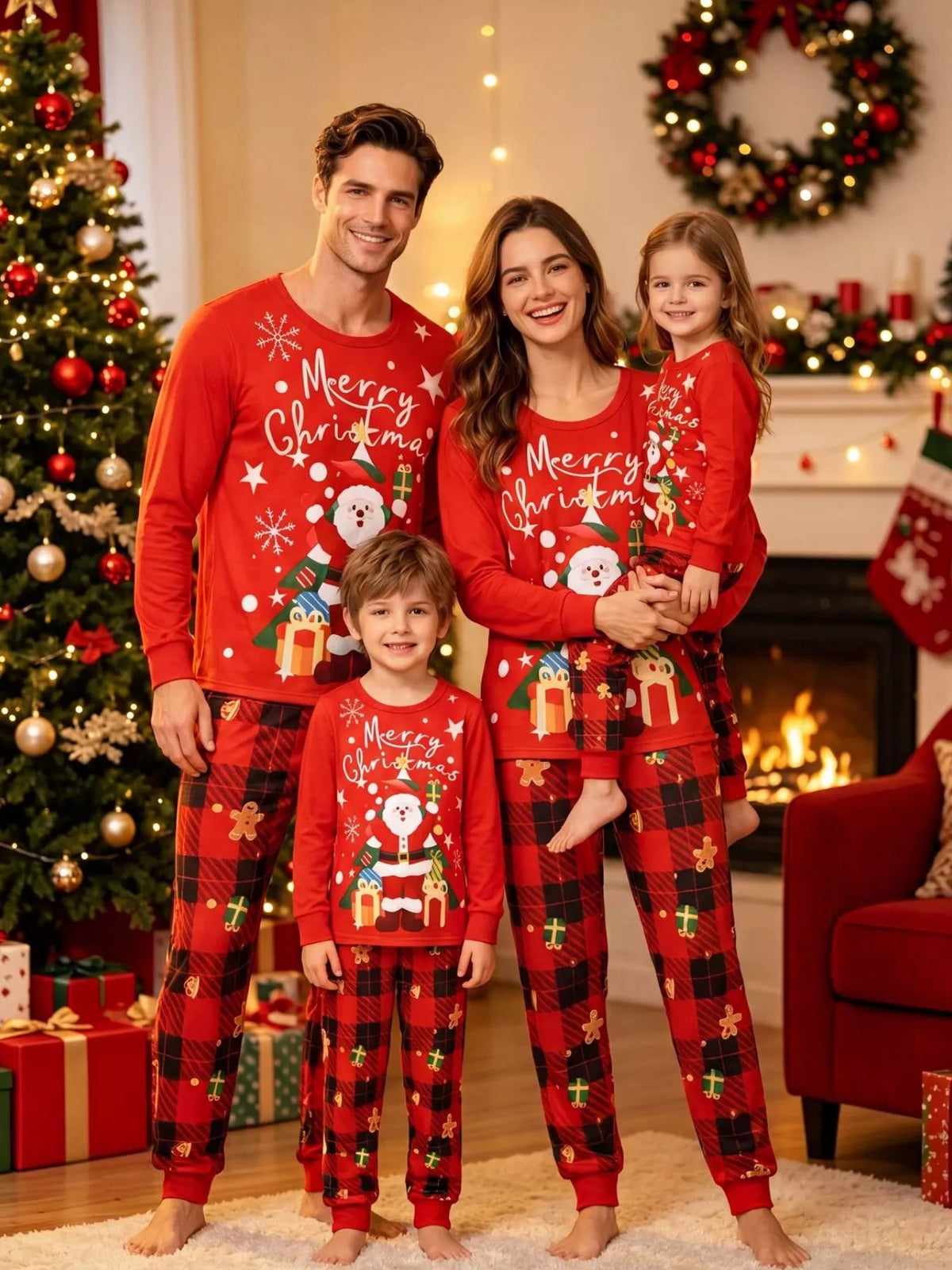 Family Matching Christmas Pajama Set with Santa and Plaid Print