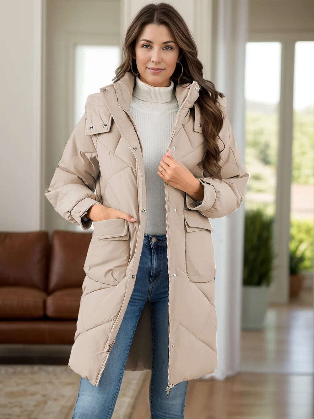 Long Sleeve Longline Hooded Winter Coat with Pockets - Lilixa.store