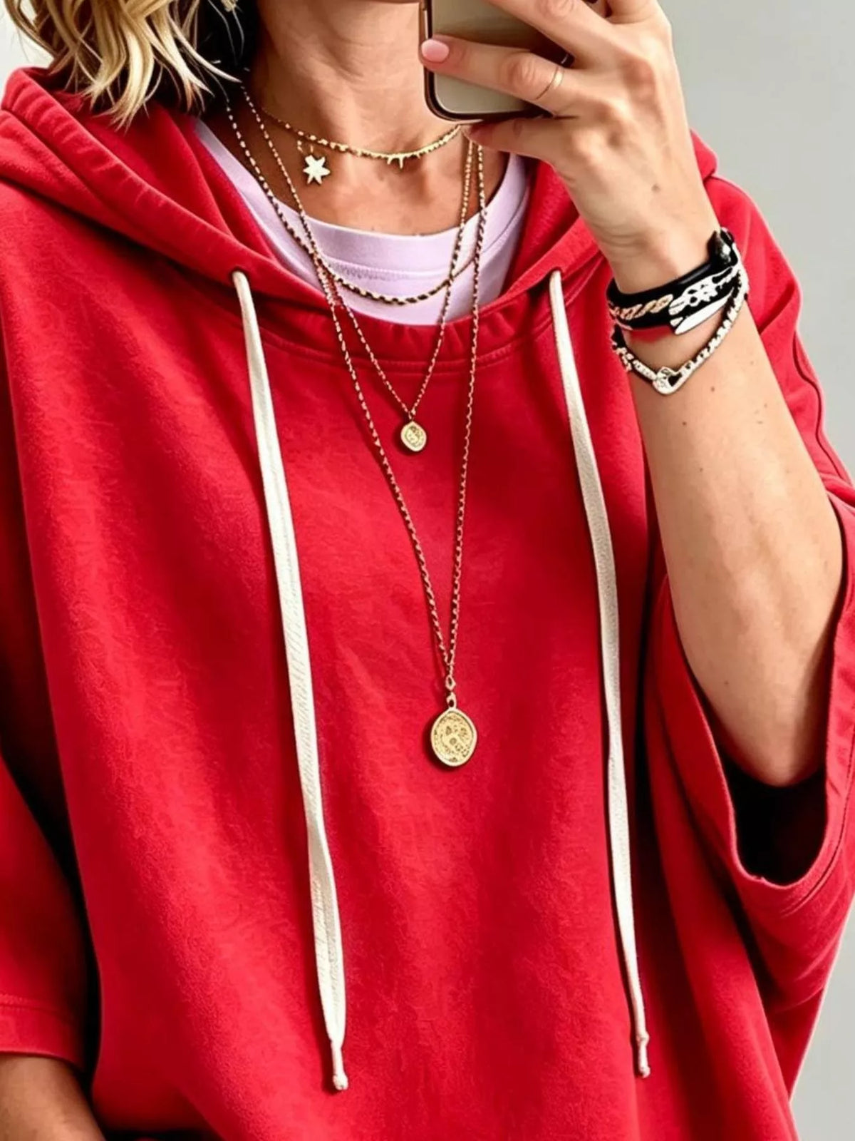 Drawstring 3/4 Sleeve Hoodie - Lilixa.store