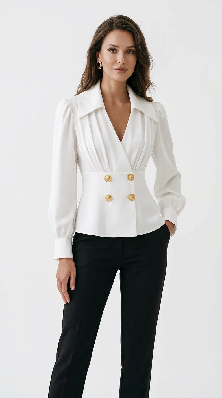 Double-Breasted Peplum Blouse with Gold Buttons in White