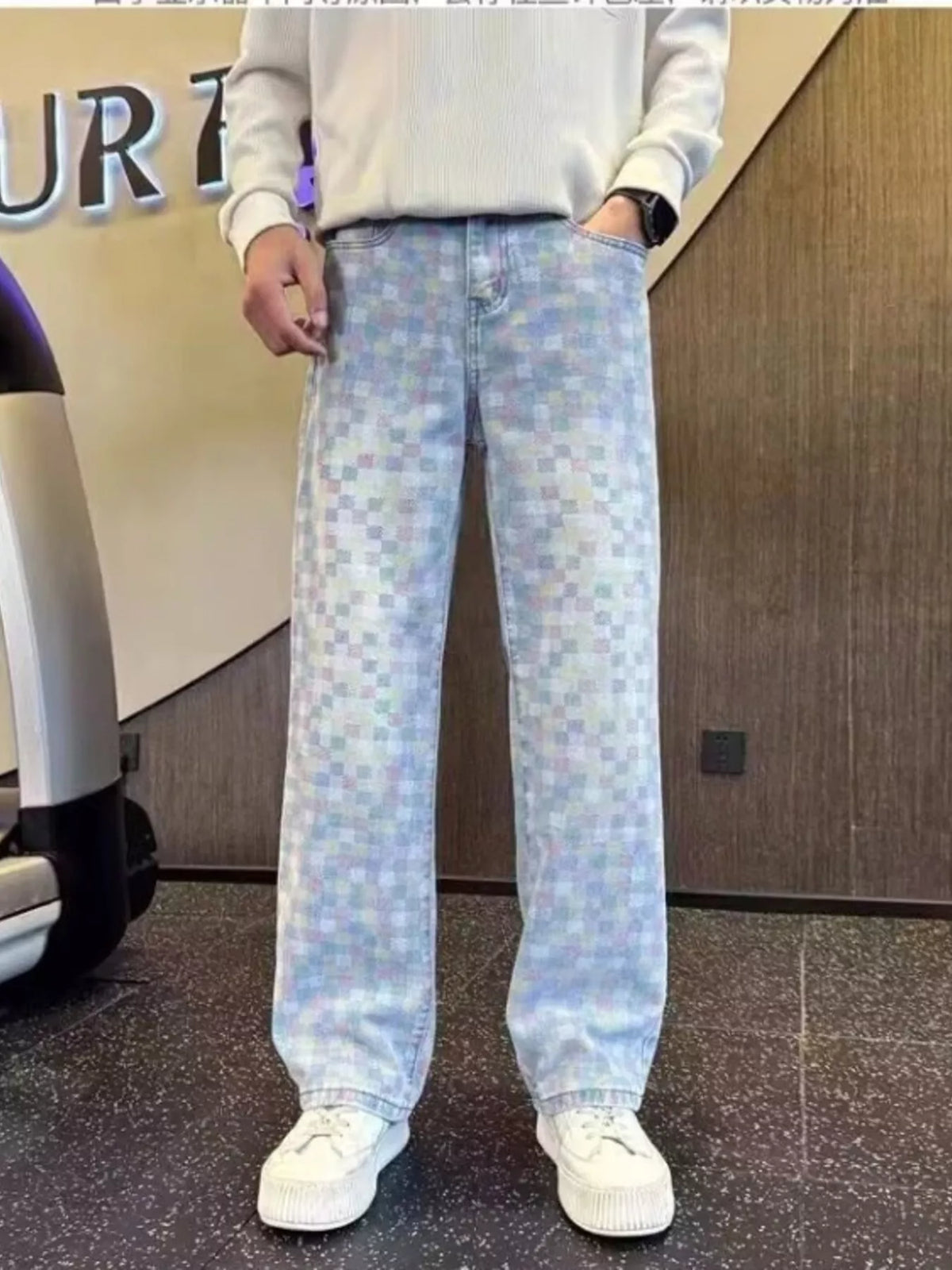Men's Full Size Pastel Checkerboard Wide-Leg Jeans Plus Size