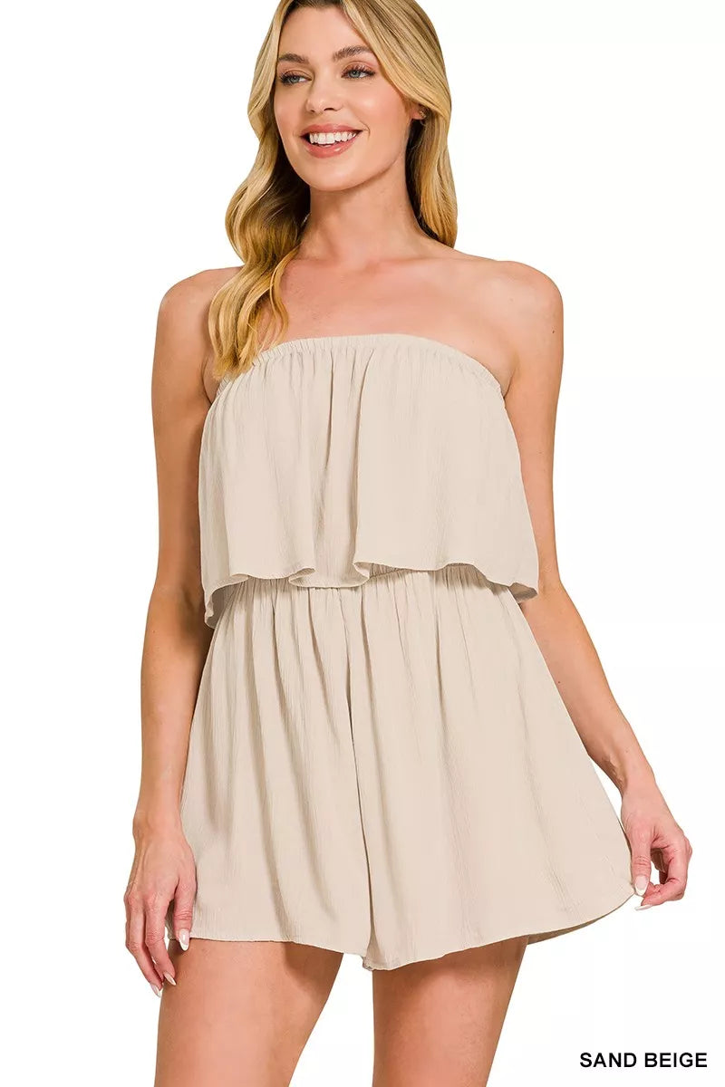 Zenana Woven Crinkle Strapless Rompers - Lilixa.store