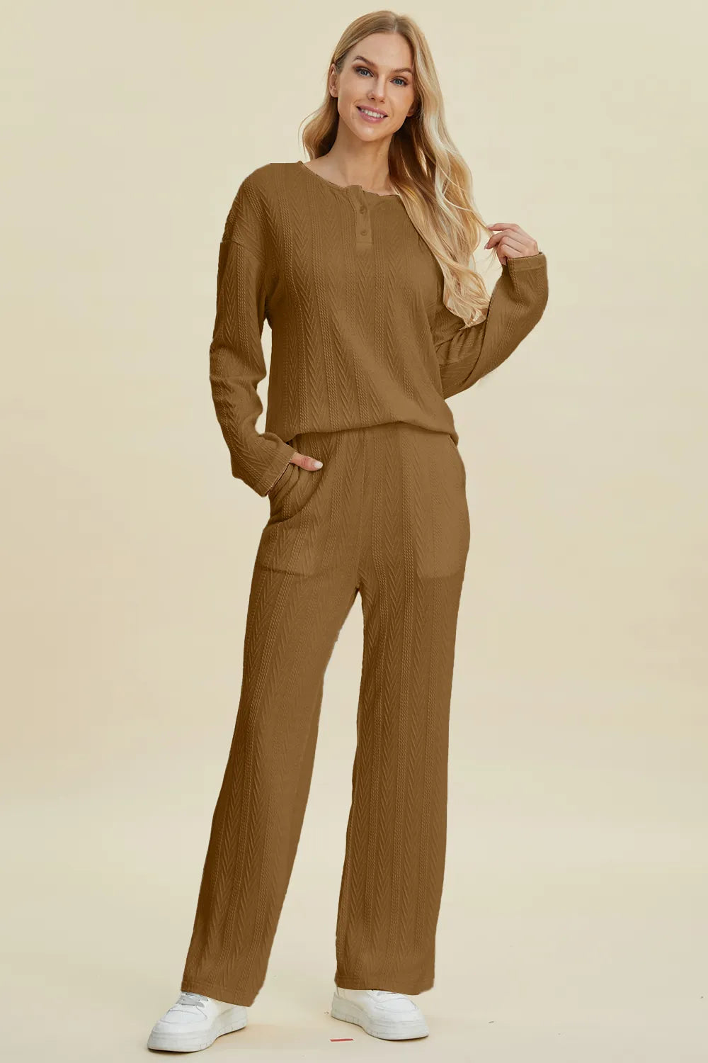 Double Take Full Size Cable-Knit Long Sleeve Top and Pants Set, view 7