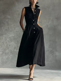 Sleeveless Button-Down Midi Shirt Dress in Black