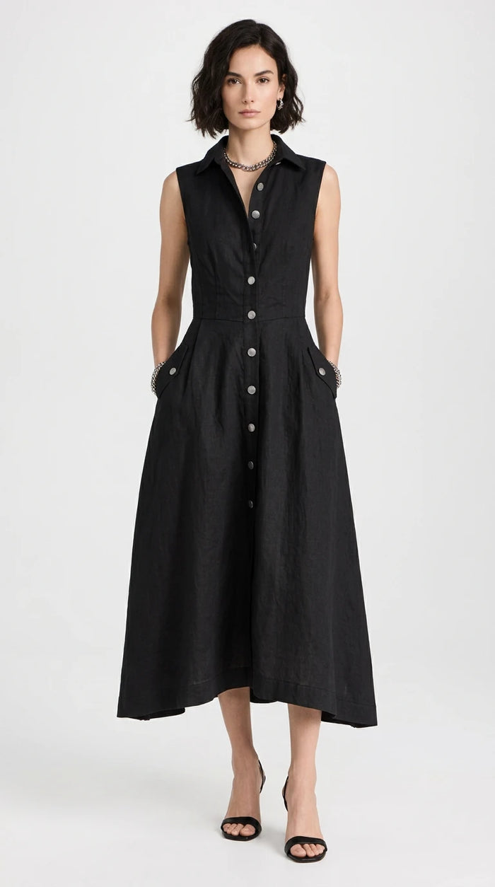 Sleeveless Button-Down Midi Shirt Dress in Black