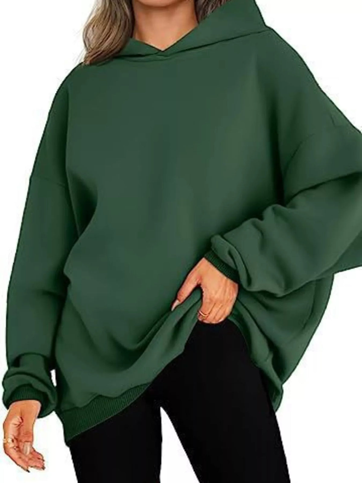 Drop Shoulder Long Sleeve Hoodie in Dark Green