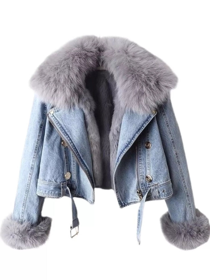 Full Size Faux Fur Collar Denim Jacket Plus Size in Blue