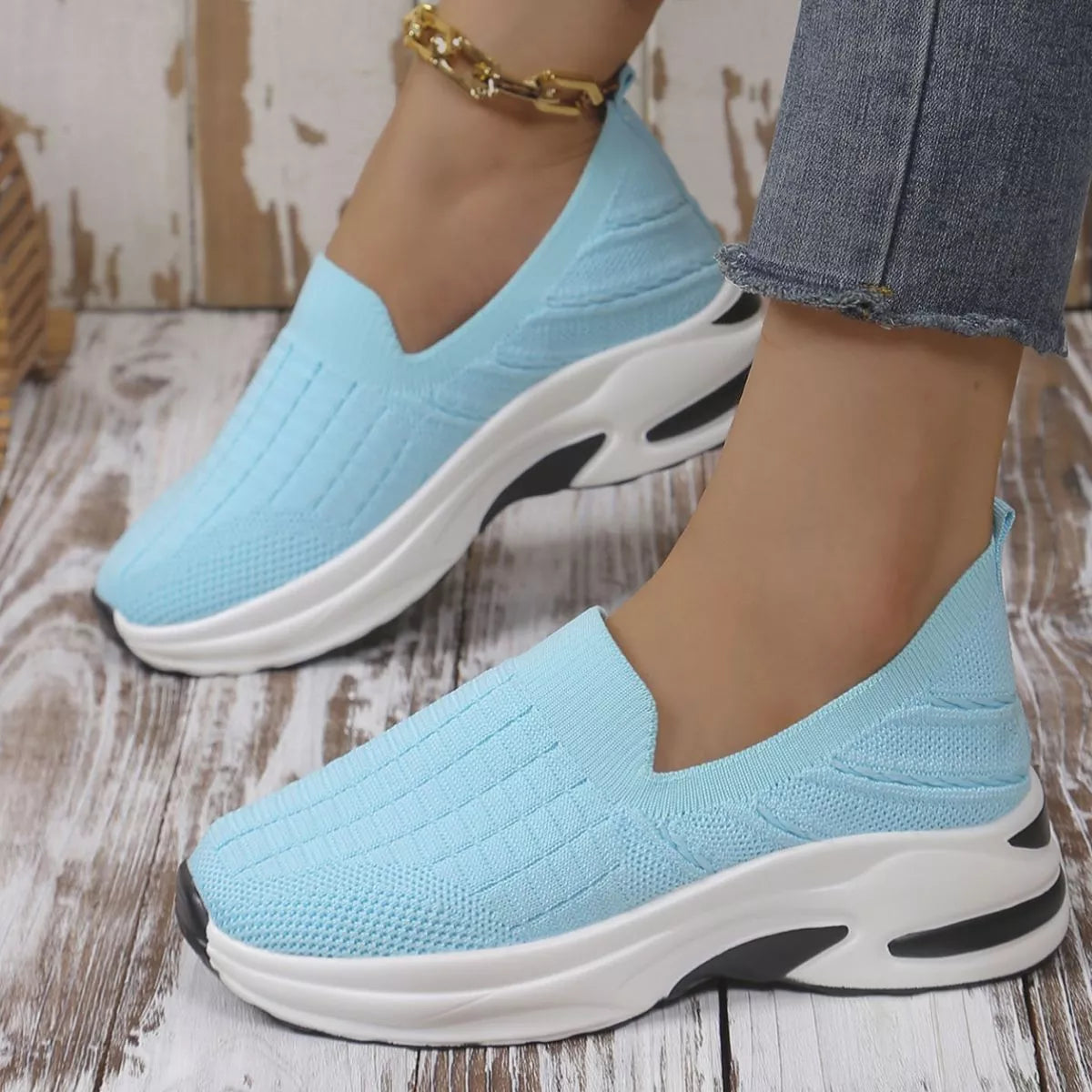 Round Toe Mesh Slip-Ons in Sky Blue