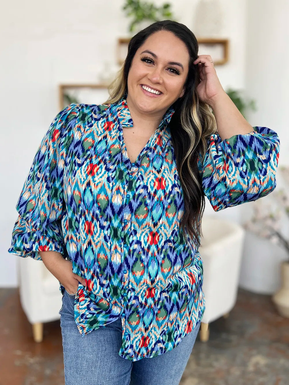 Double Take Full Size Printed Balloon Sleeve Blouse - Lilixa.store