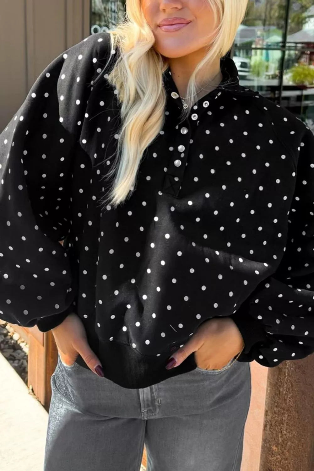Polka Dot Snap-Button Sweatshirt - Lilixa.store
