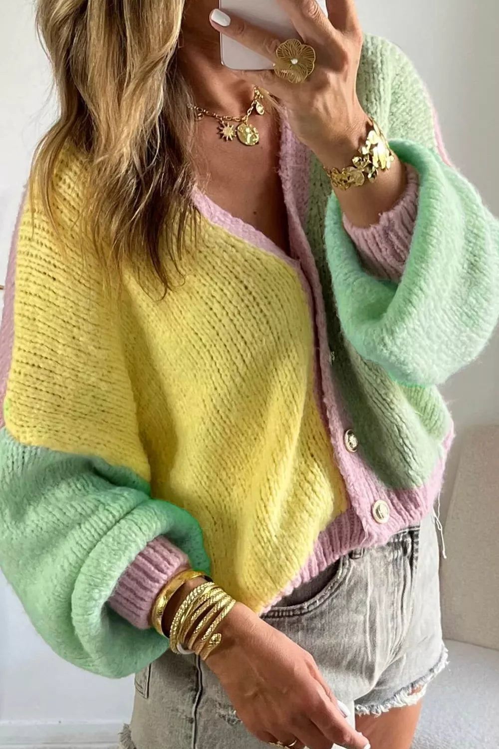 V Neck Drop Shoulder Patchwork Regular Wash Knitwear Cardigan - Lilixa.store