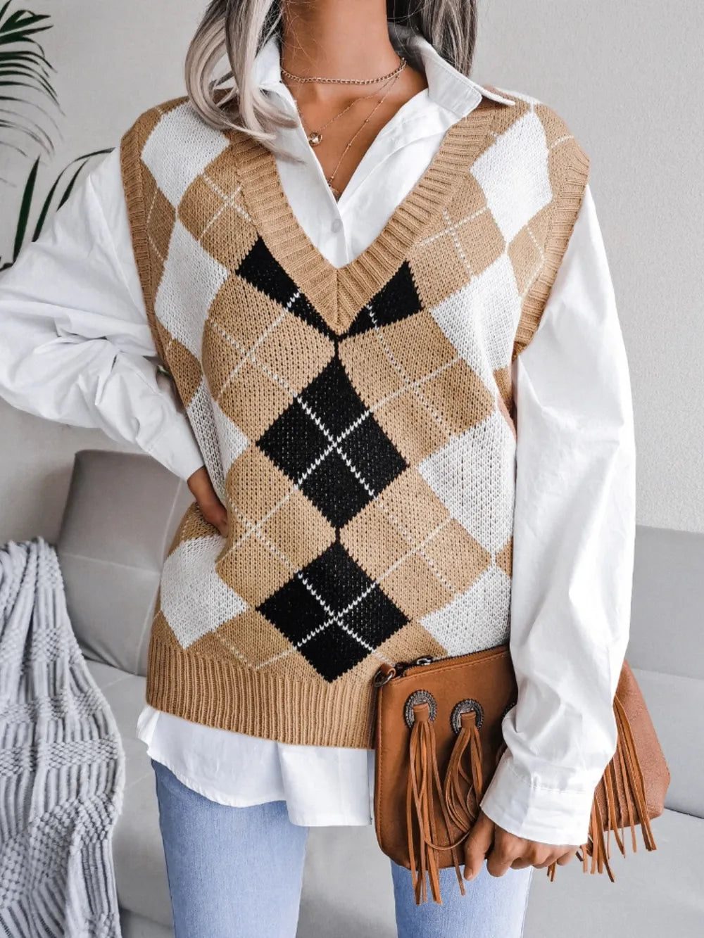 Plaid V-Neck Sweater Vest - Lilixa.store