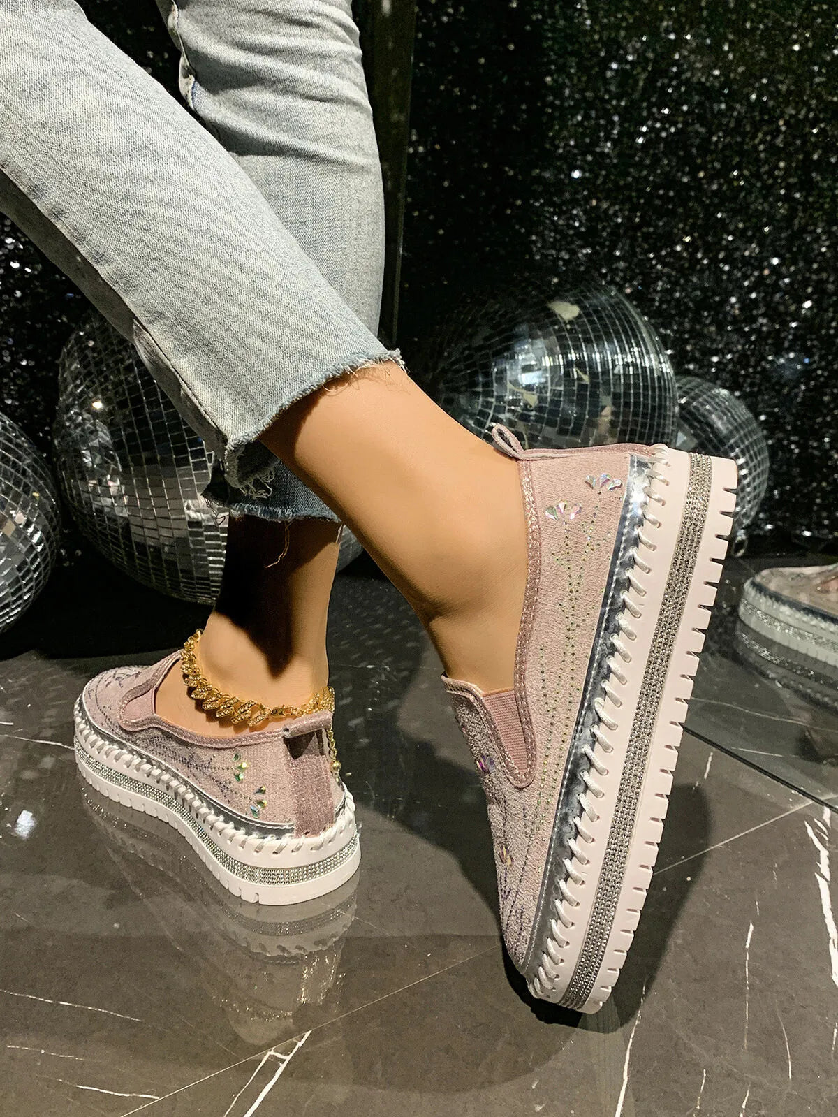 Rhinestone Embellished Platform Loafers in Pink