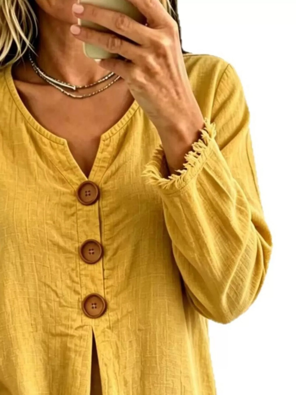 Full Size Casual Half-Button Blouse with Frayed Hem Detail Plus Size, view 4