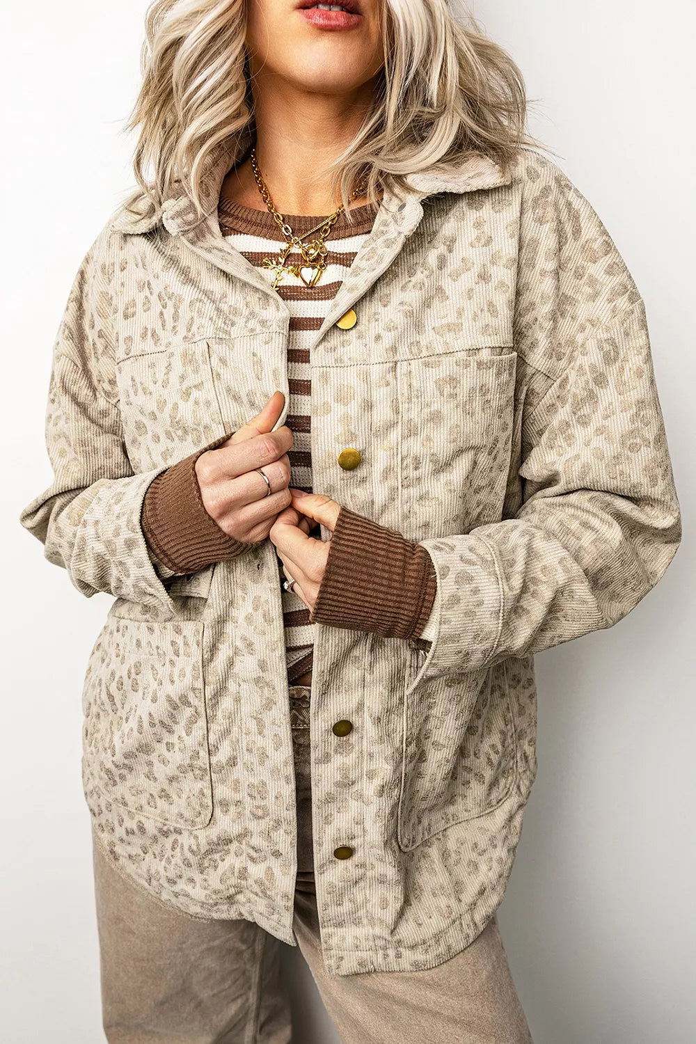 Leopard Print Corduroy Shirt Collar Long Sleeve Regular Fit Jacket in Khaki, view 7