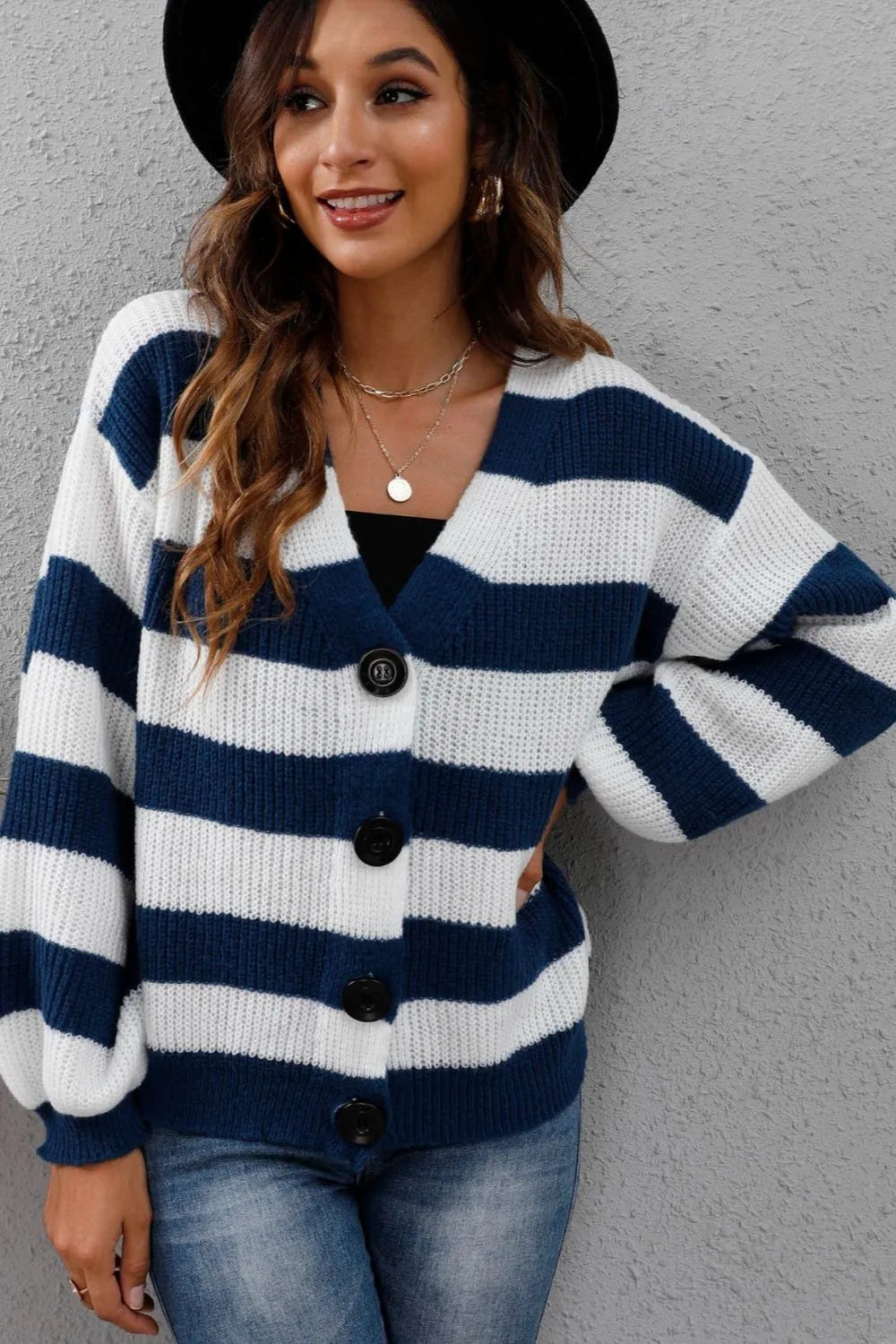 Striped Button Up Long Sleeve Sweater - Lilixa.store