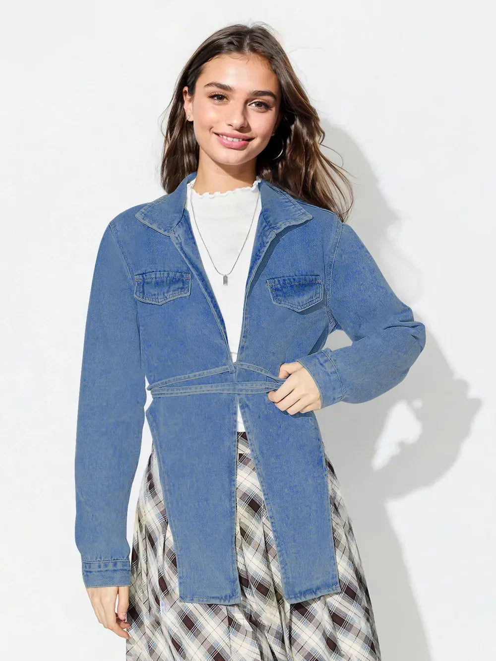 Asymmetric Slit Collared Neck Long Denim Top - Lilixa.store